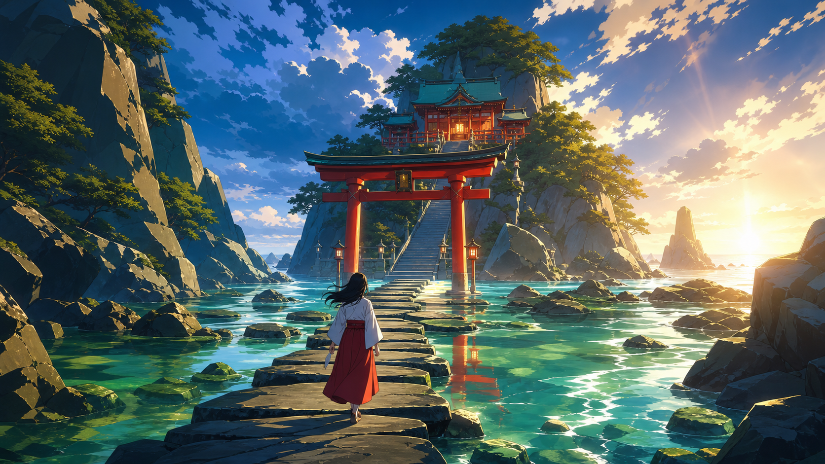 A coastal shrine path uncovered only during the lowest winter tide, at the transition between two kinds of weather. Vertical scenic composition following a path through several elevations. Emerald, stained-glass ruby, la