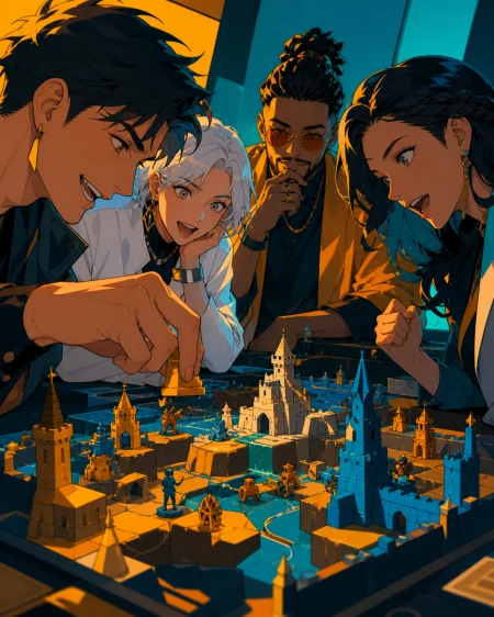 Adult friends playing a strategy board game whose pieces build a tiny moving kingdom, shown through reactions and relationships rather than a view of the rules. Table-level ensembl