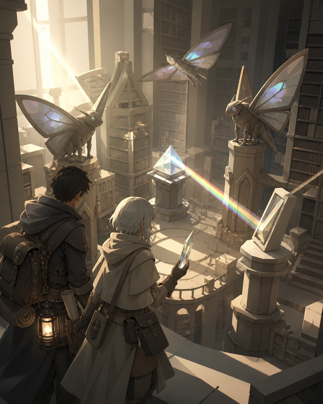 Two treasure hunters navigating a library patrolled by stone moths, solving an environmental obstacle through teamwork rather than combat. Over-the-shoulder discovery frame revealing a large navigable space. Monochrome g