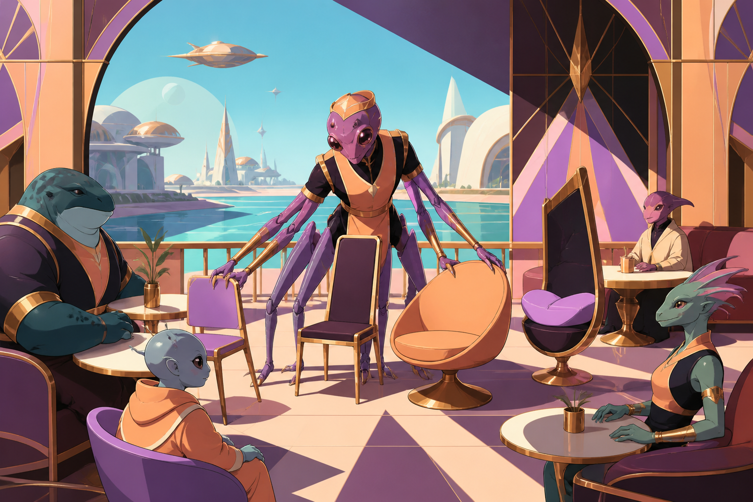 A many-legged café owner arranging chairs for several body shapes, as cultural differences create gentle visual comedy. Observational everyday frame that makes alien life feel familiar. Apricot, orchid purple, pool turqu