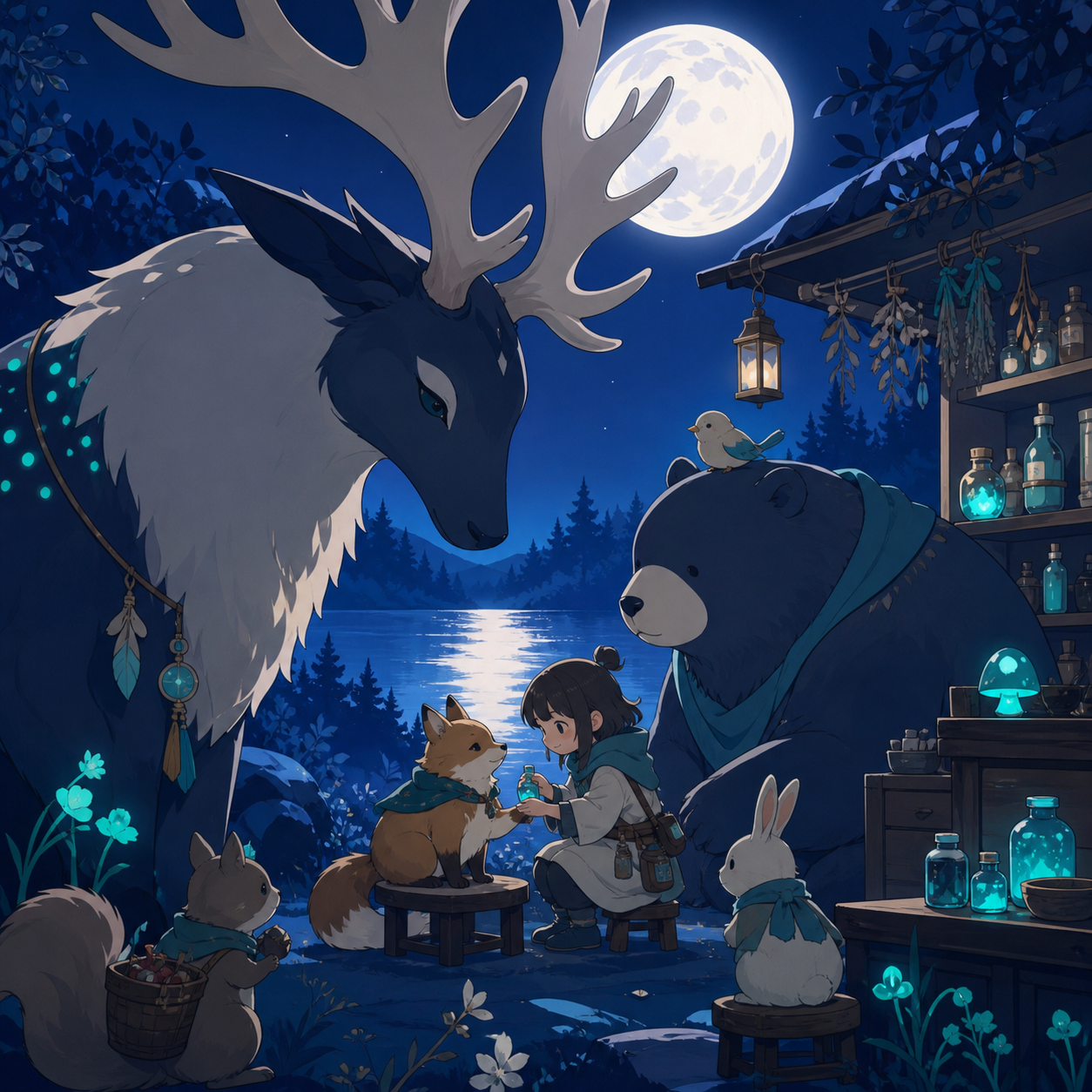 A chibi herbalist running a clinic for woodland creatures, as the forest community prepares for a seasonal change. Eye-level storybook frame centered on the unlikely friendship. Ultramarine, bioluminescent turquoise, pea