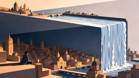 A waterfall bending into a horizontal river above a city, with one simple impossible rule controlling the entire image. Wide scene structured around one elegant spatial fold. Sun-b