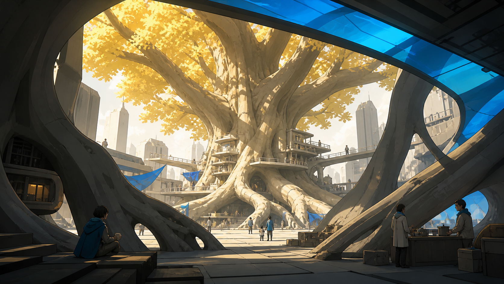 A lone golden ginkgo marking the center of an abandoned future city, as communities carry out ordinary daily life around the landmark. Ground-level view looking through enormous roots toward distant figures. Soft monochr