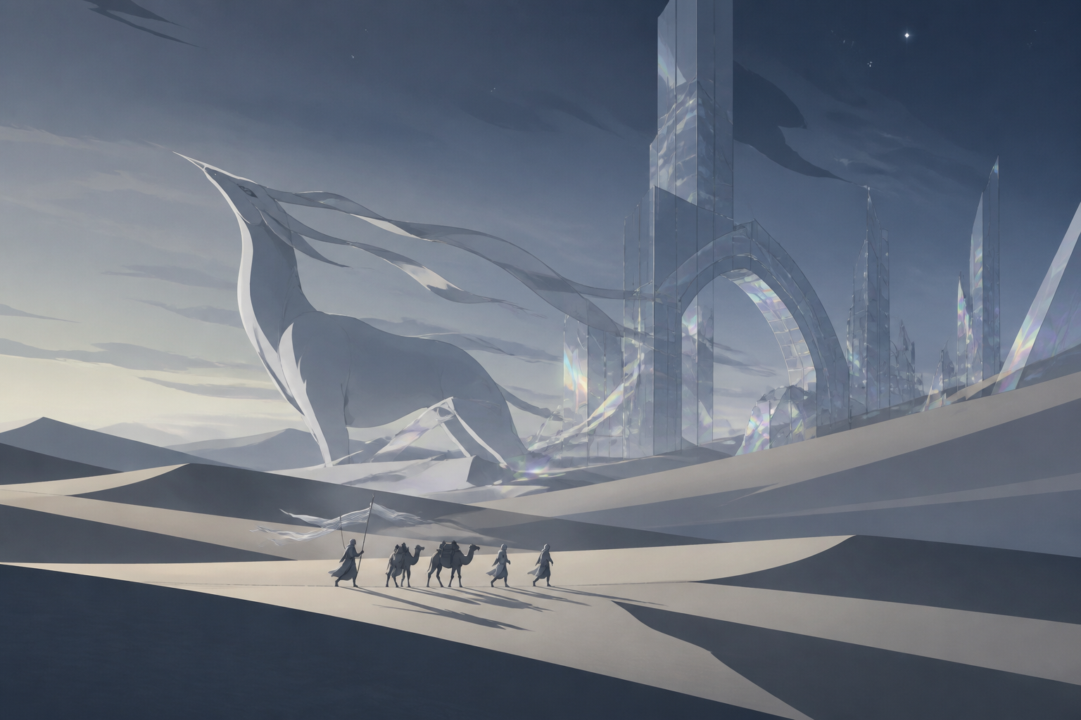 A glass ruin emerging from dunes after a rare electric storm, seen in the blue hour when heat gives way to starlight. Extreme wide landscape with a small but readable journey crossing it. Monochrome graphite with selecti