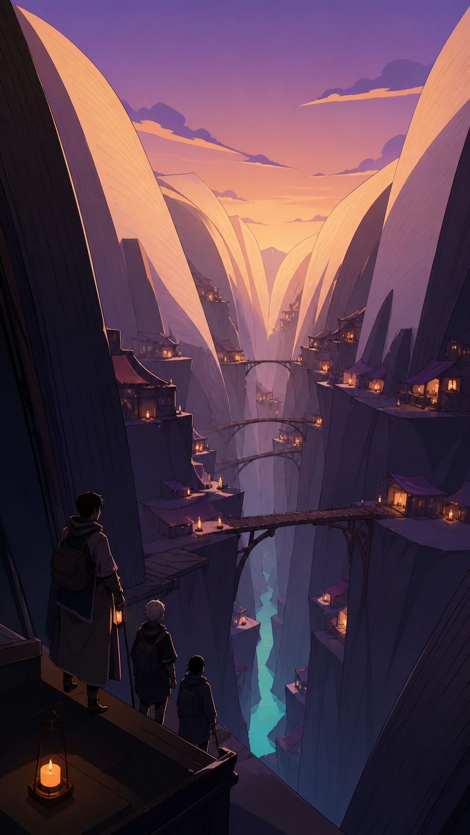 Travelers navigating a canyon formed by the pages of an open book, during a journey that uses the giant object as landscape. Epic wide frame contrasting tiny civilization with one giant object. Apricot, orchid purple, po