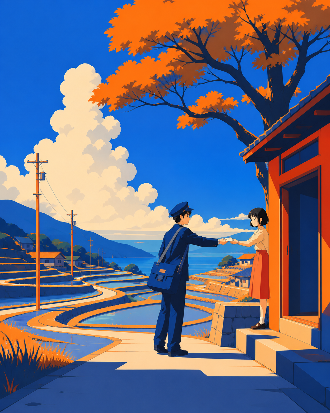 A teenage mail carrier delivering letters across terraced rice fields, on the first warm day after a long winter. Warm eye-level narrative frame balanced by a monumental tree. Cobalt, persimmon orange, warm concrete, and
