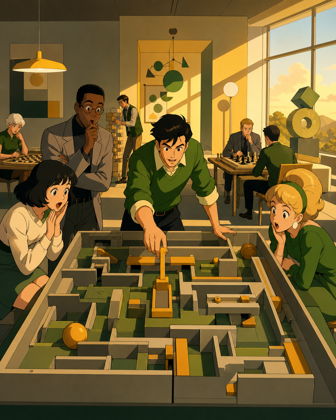 An adult puzzle designer testing a room-sized mechanical maze, as one surprising move changes everyone's expectations. Wide community-room scene with several games and one primary group. Moss green, slate gray, mushroom 