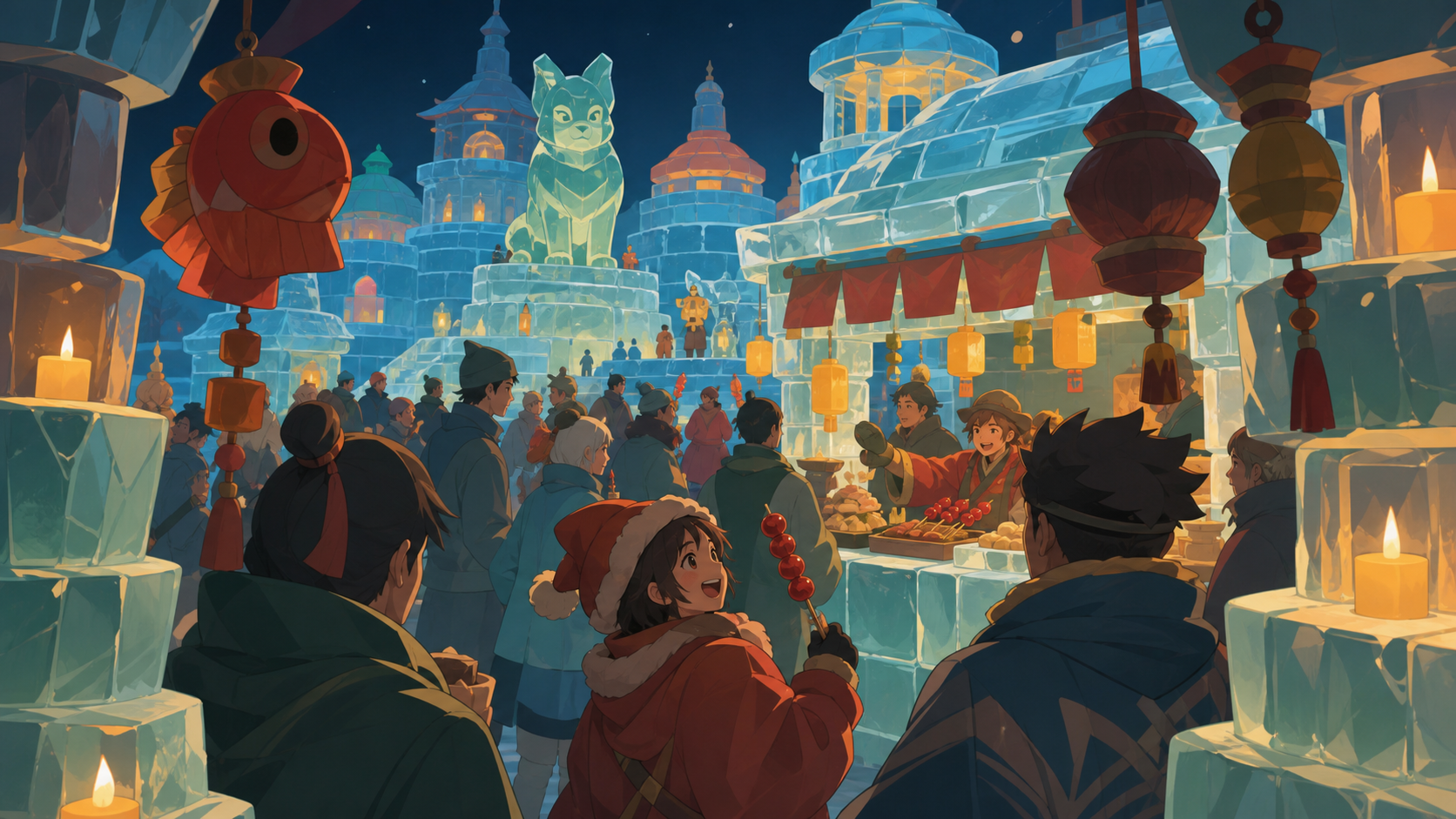 A winter night market carved entirely from colored ice, from an unusual vantage point within the crowd rather than above it. Layered festival tableau framed by decorations close to the viewer. Clay red, sage, faded denim