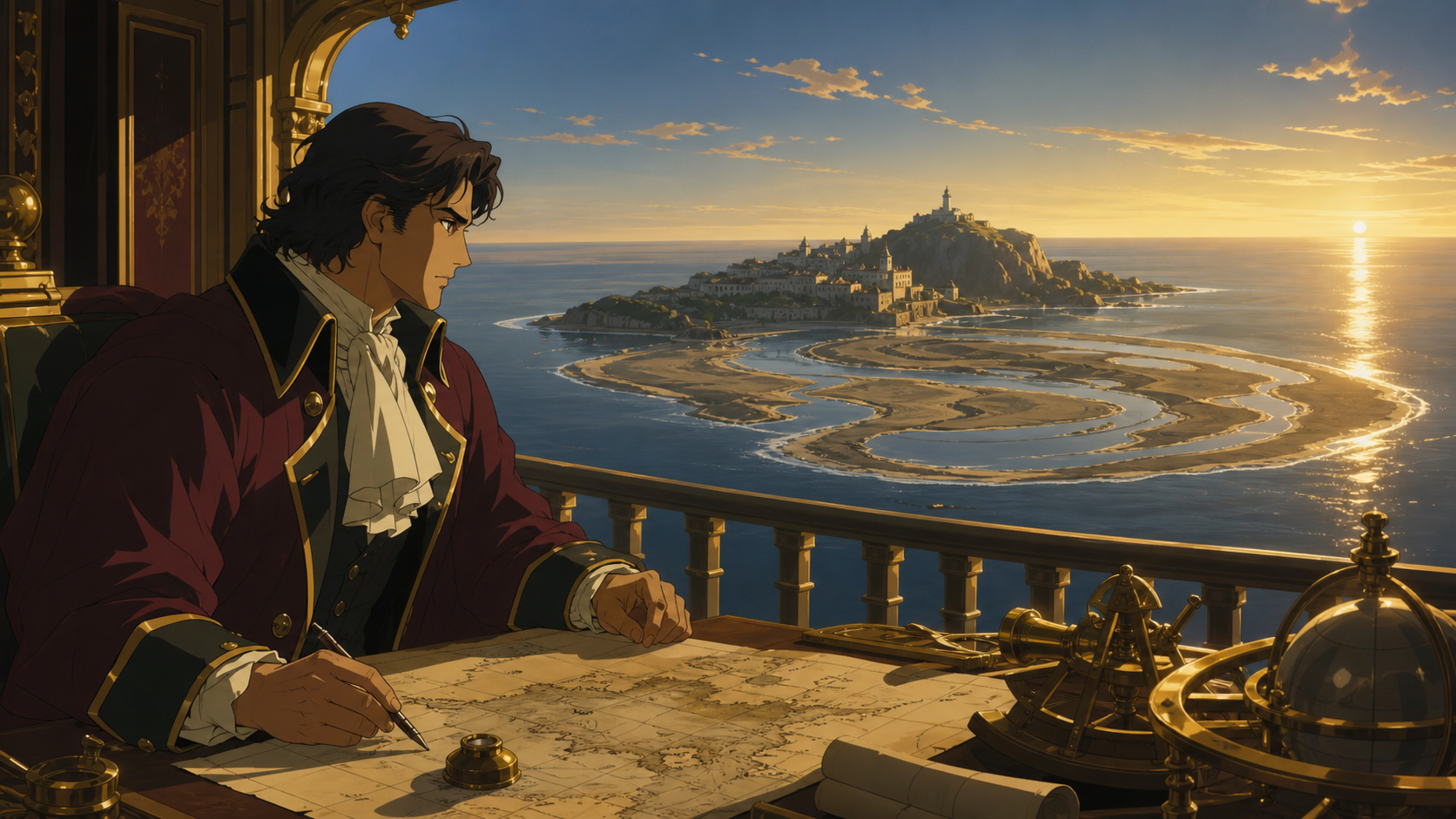 An adult cartographer mapping an island that changes shape with each tide, while calm seas make one unusual event impossible to miss. Wide maritime view placing vessel and destination in clear relation. Burgundy, midnigh