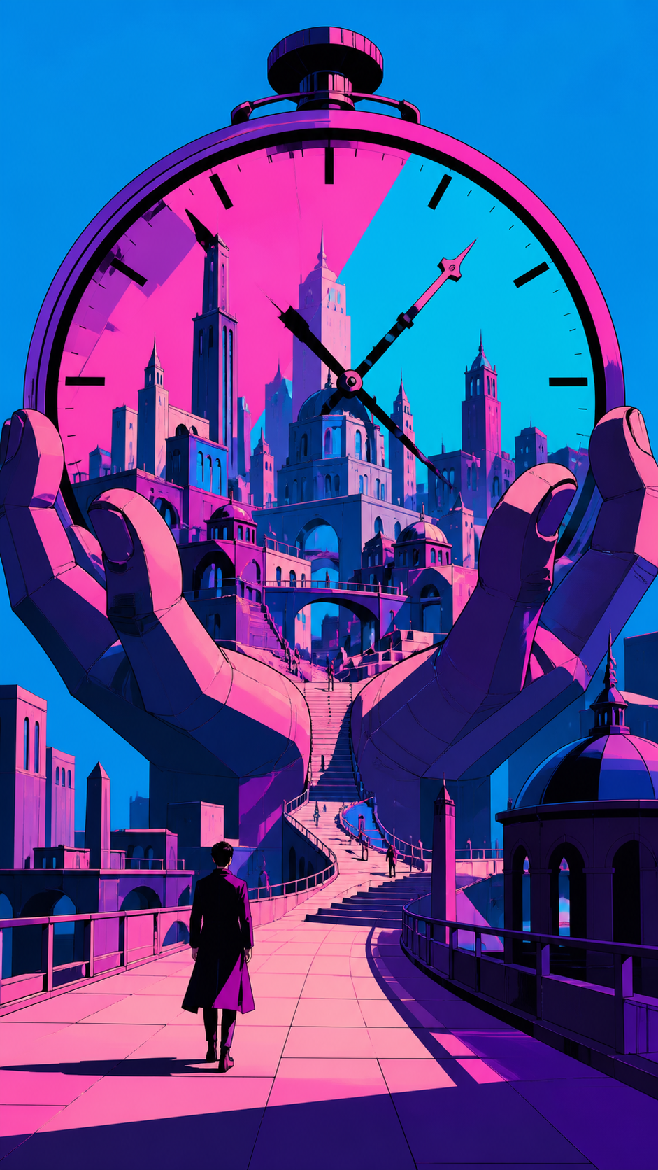 A city built in the still space between the hands of a giant stopped clock, during clear daylight that makes the scale easy to understand. Ground-level traveler view making the landmark fill most of the distance. Saturat