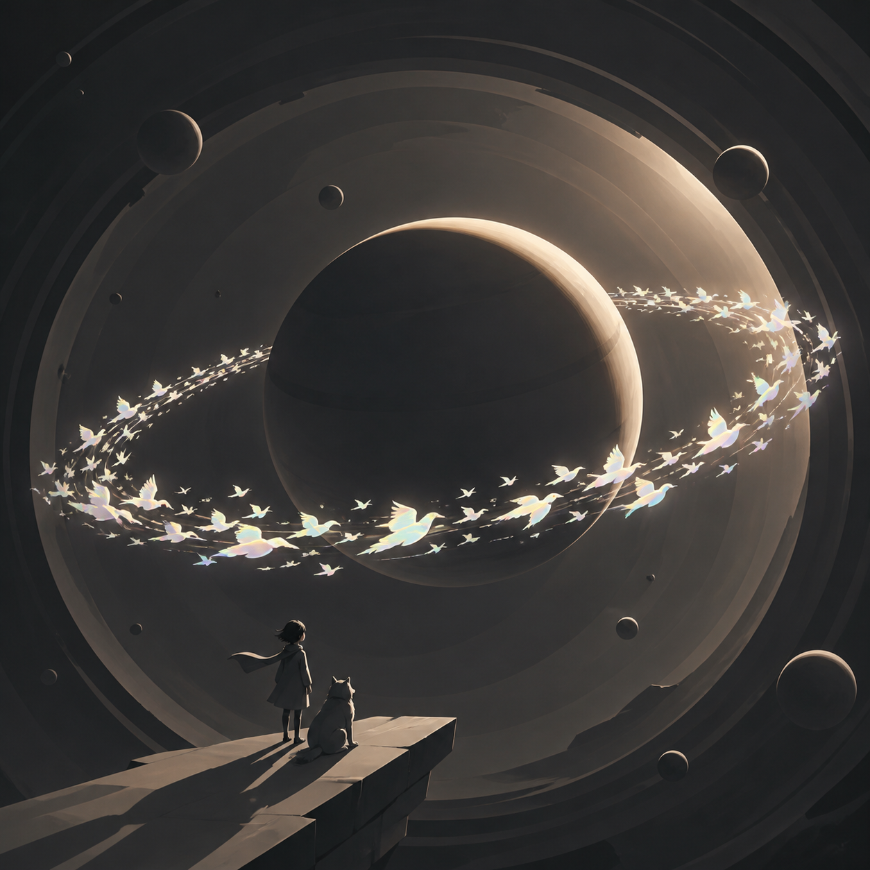 A ringed planet whose rings are made from migrating luminous birds, at the calm center of a vast gravitational phenomenon. Graphic celestial composition organized around a bold circular form. Monochrome graphite with sel
