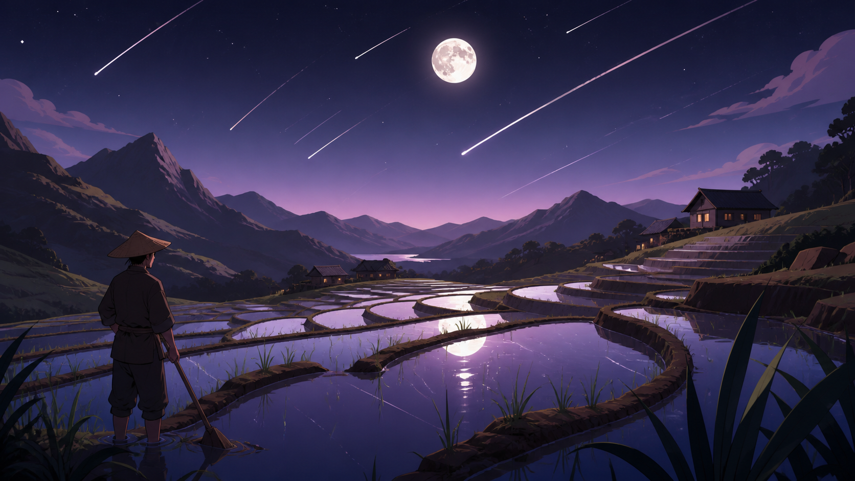 Terraced rice fields reflecting a meteor shower during planting season, shown during a fleeting natural event residents quietly anticipate each year. Tranquil landscape panorama with a strong foreground-to-distance rhyth