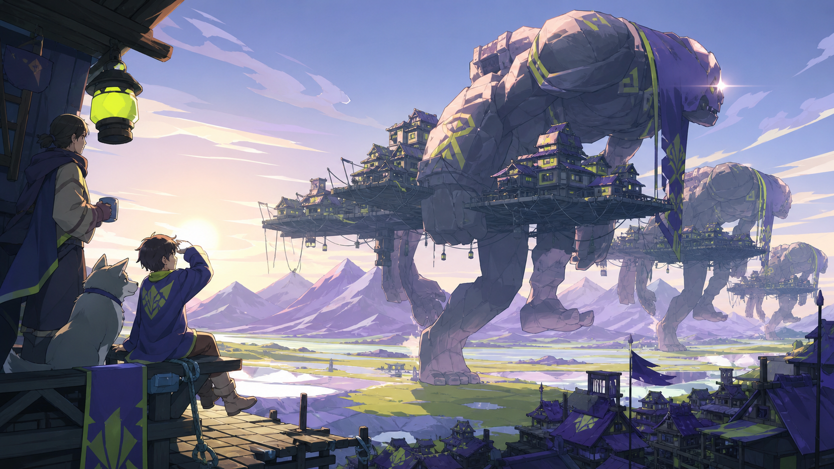A mountain village suspended beneath migrating stone giants, seen during the first morning after a century-long winter. Epic establishing shot with a clear visual path into the world. Acid lime, ultraviolet, matte navy, 