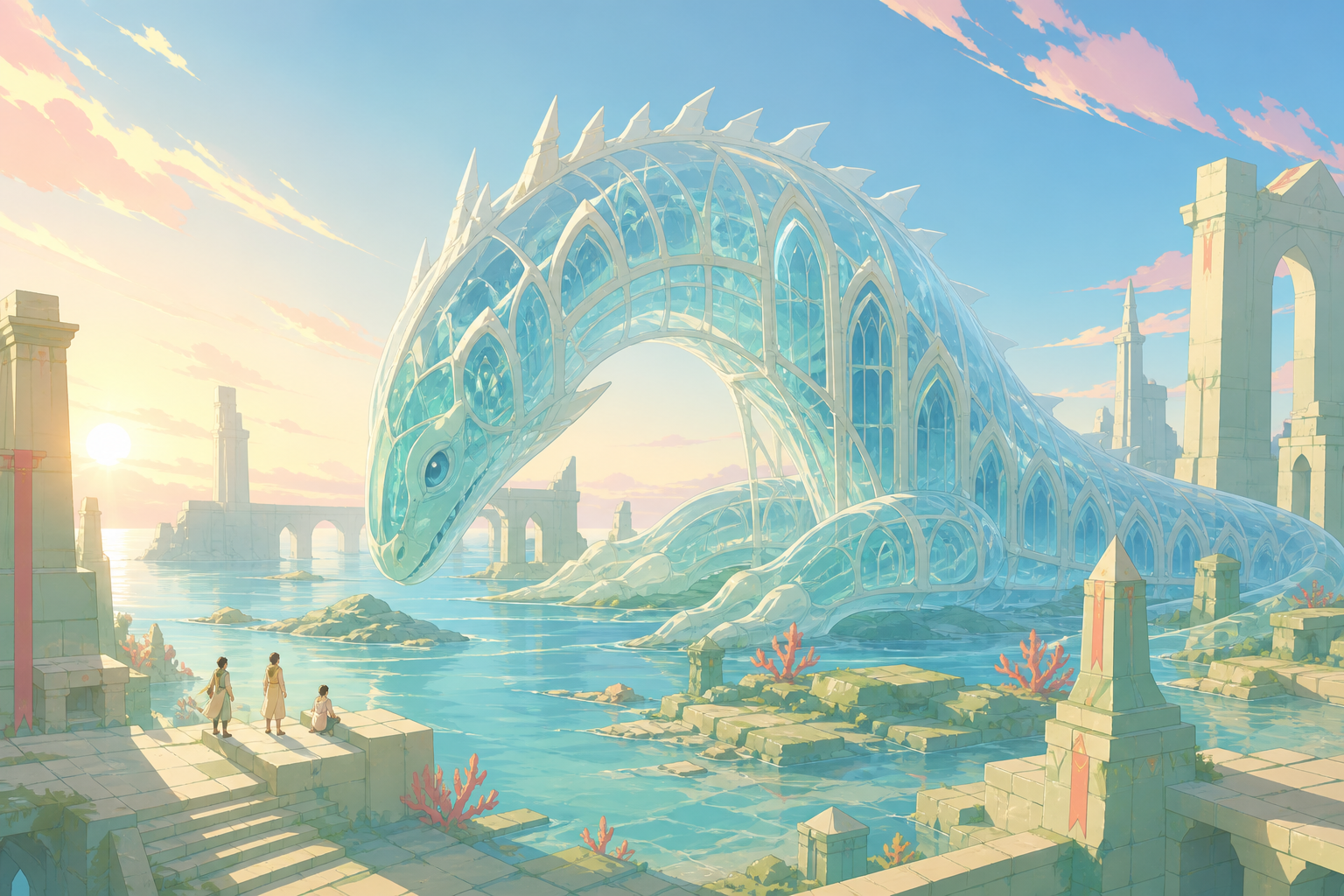 A translucent deep-sea serpent whose bones resemble a cathedral, resting beside traces of an ancient civilization at dawn. Majestic full-body creature composition with environmental scale cues. Soft pistachio, butter yel
