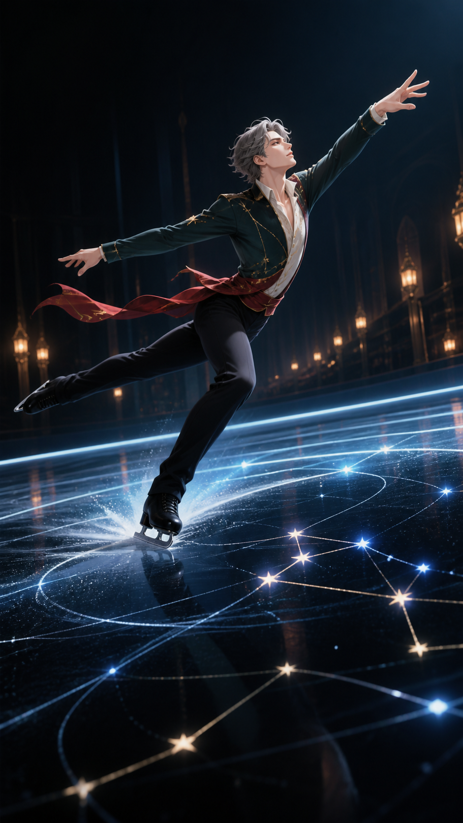 An adult figure skater tracing luminous constellations across black ice, frozen at the instant of greatest balance and momentum. Bold diagonal action composition with ample space ahead of the movement. Pine black, snow b