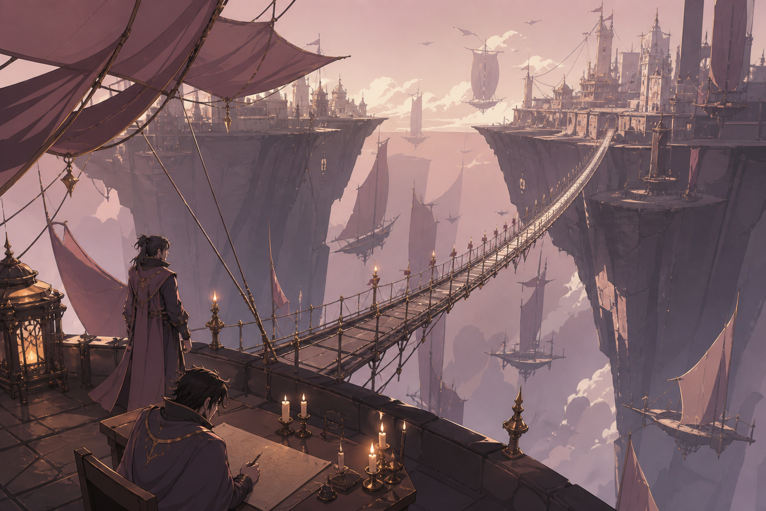 An impossibly long pedestrian bridge connecting two moving sky kingdoms, during clear morning weather that reveals the depth below. Vertigo-inducing vertical composition balanced by a calm foreground activity. Muted rose