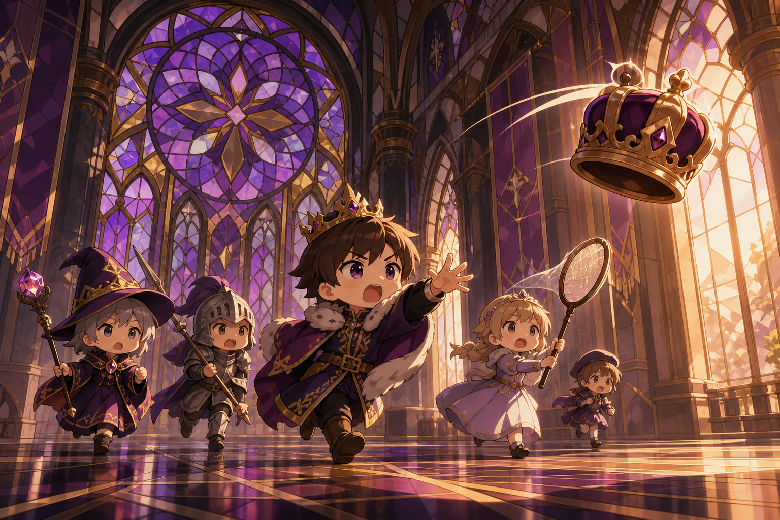 A tiny royal court attempting to catch a runaway crown, during a harmless crisis treated with complete dramatic seriousness. Centered ensemble pose interrupted by one moving object. Mulberry, tea brown, tarnished silver,