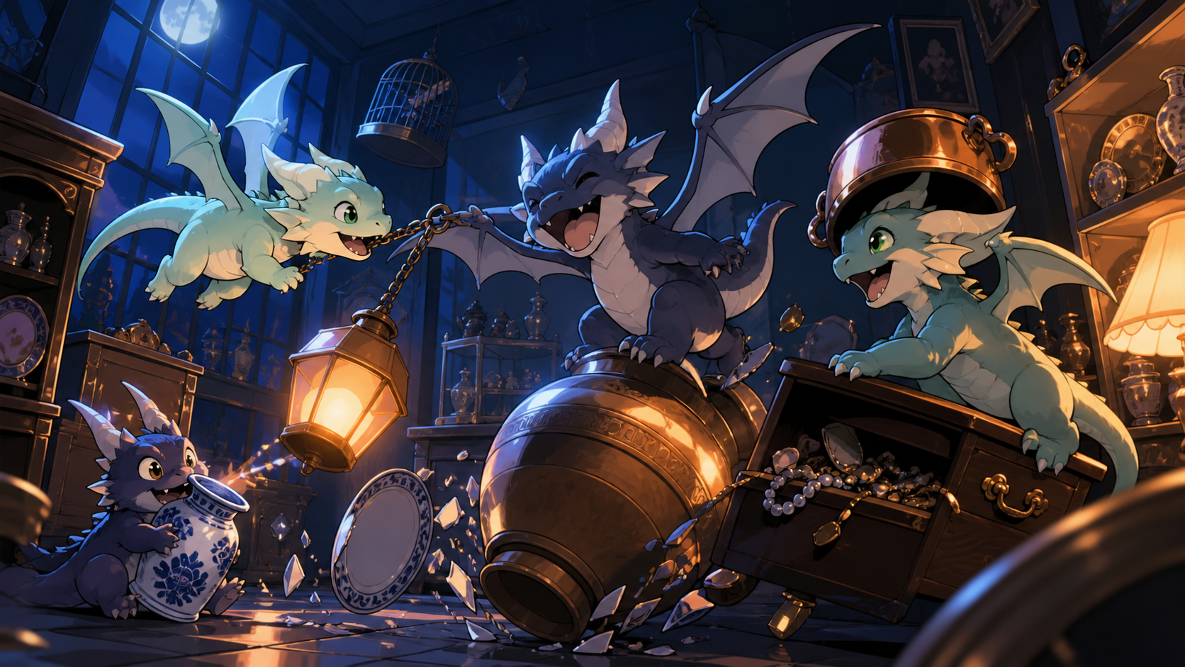 Newly hatched pocket dragons turning a quiet antique shop upside down, working together with tremendous confidence and very little competence. Wide action frame centered on one beautifully timed harmless catastrophe. Moo