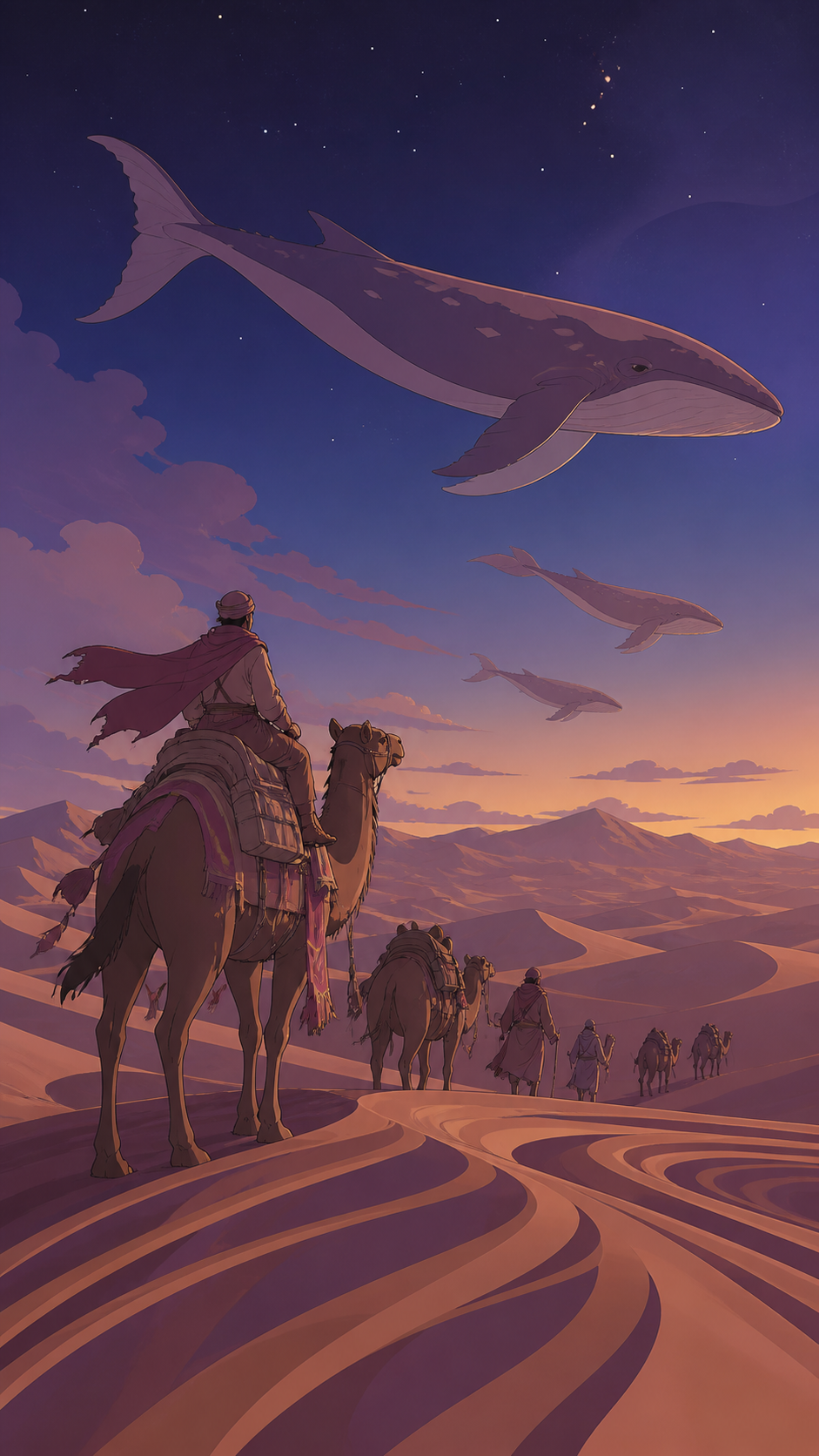 A caravan following the migrating shadows of enormous sky whales, seen in the blue hour when heat gives way to starlight. Low desert viewpoint using foreground wind patterns to lead toward the destination. Muted rose, pa