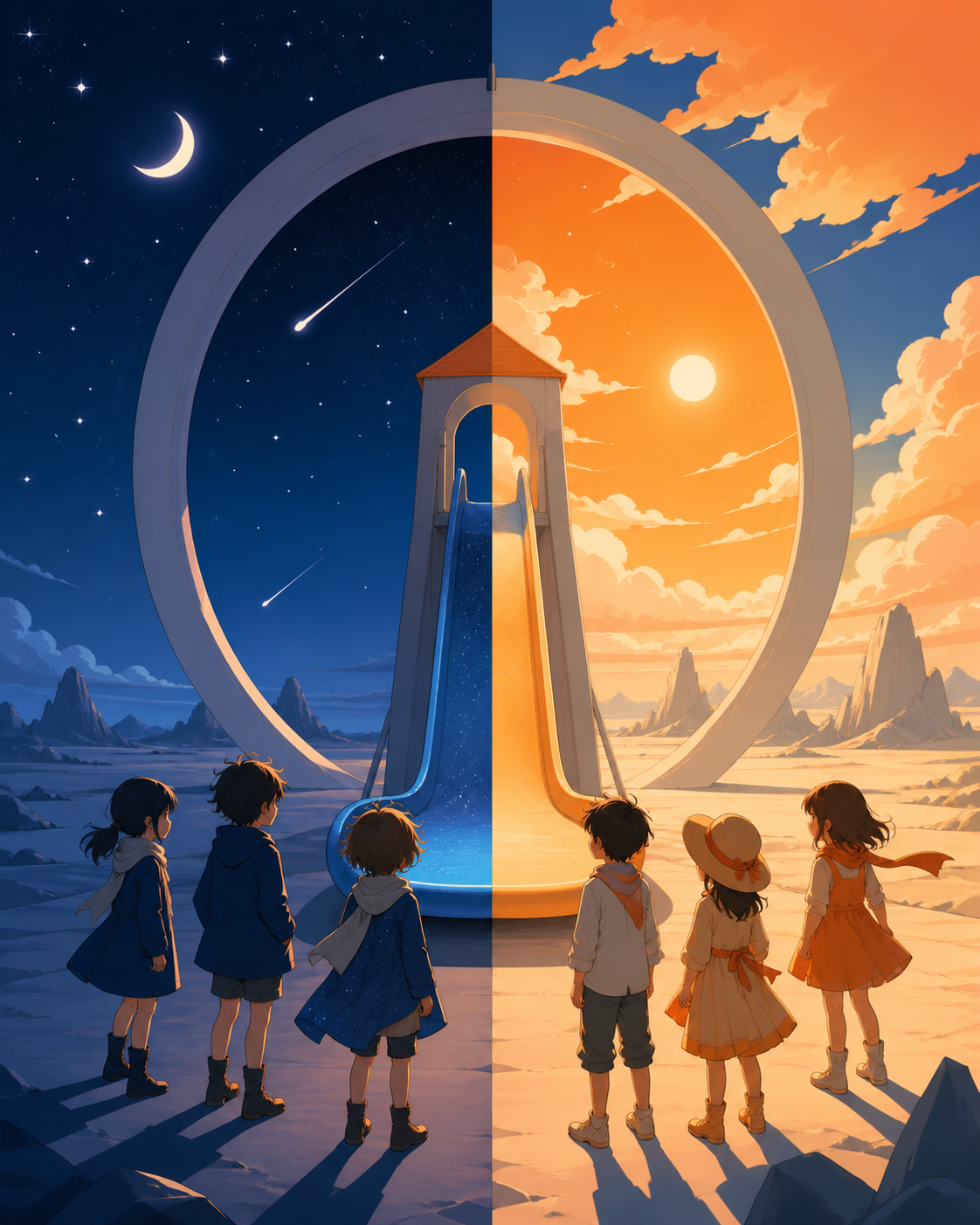 Children discovering that one playground slide exits tomorrow, with the time difference communicated through clothing and environment. Centered architectural frame with time changing toward the edges. Cobalt, persimmon o