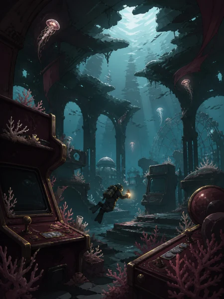 An abandoned underwater arcade slowly becoming a coral reef, explored by a single tiny diver with a warm lantern. Wide underwater vista with light guiding the eye through multiple 
