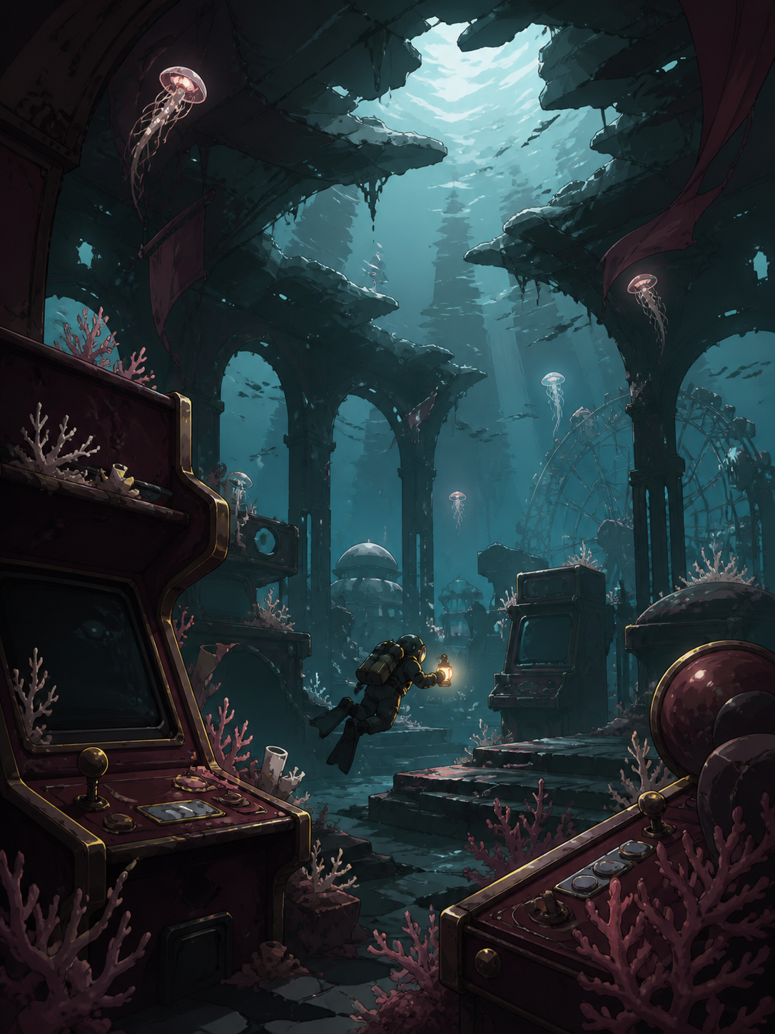 An abandoned underwater arcade slowly becoming a coral reef, explored by a single tiny diver with a warm lantern. Wide underwater vista with light guiding the eye through multiple depths. Burgundy, midnight green, bone w