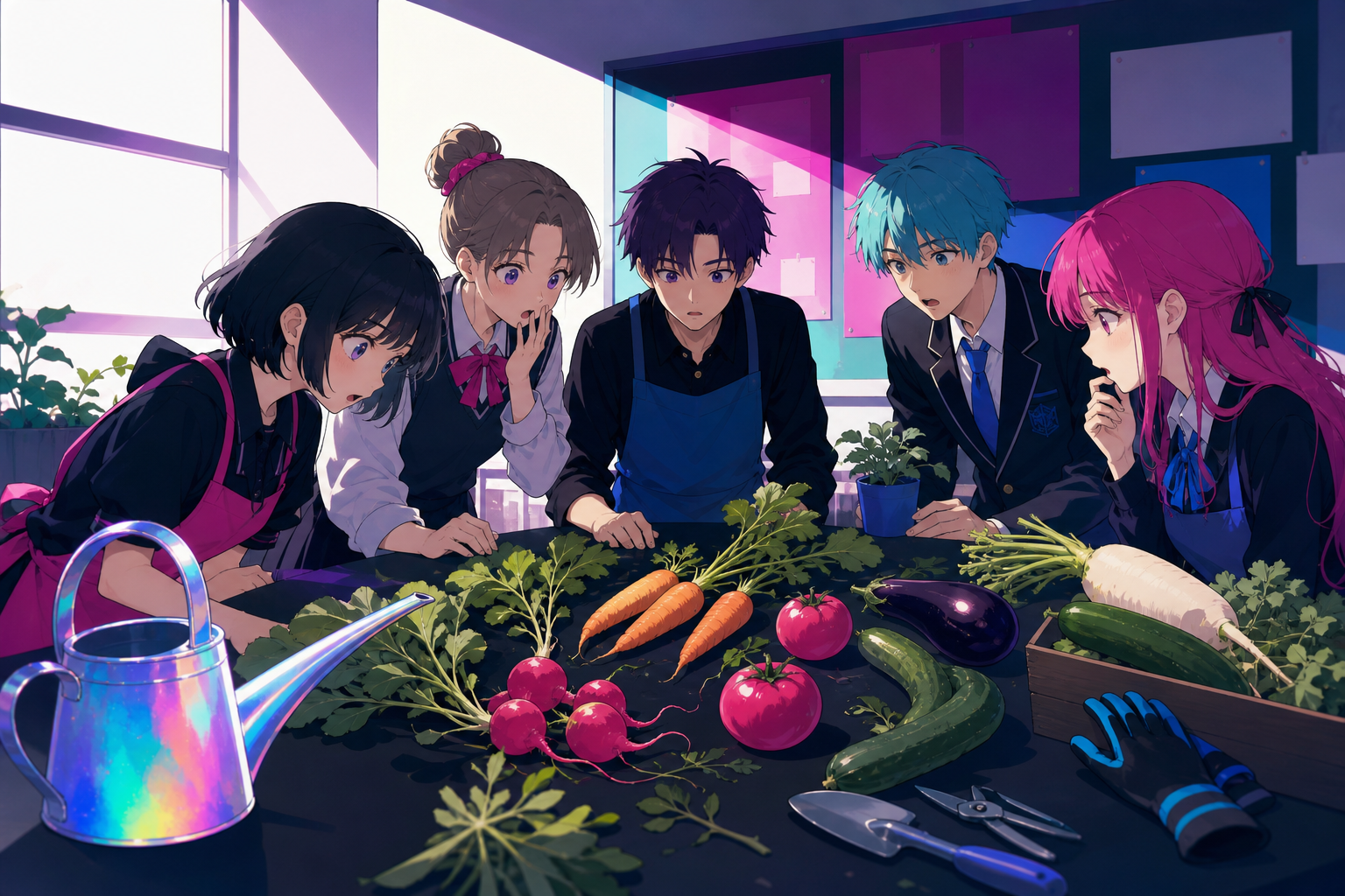 The gardening club discovering their vegetables quietly rearrange themselves, during the final practice before a small public presentation. Table-height view with hands, tools, and reactions all readable. Saturated magen