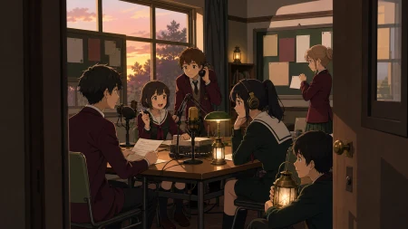 The school radio club recording local ghost stories before sunset, on a regular weekday that becomes unexpectedly memorable. Doorway-framed candid scene with several small connecte