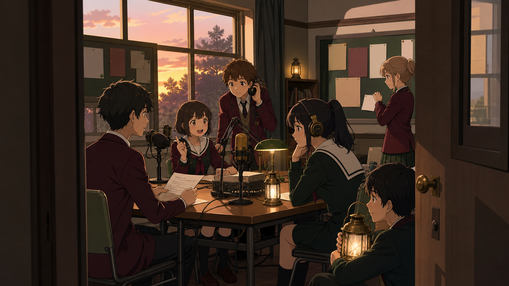 The school radio club recording local ghost stories before sunset, on a regular weekday that becomes unexpectedly memorable. Doorway-framed candid scene with several small connected moments. Burgundy, midnight green, bon