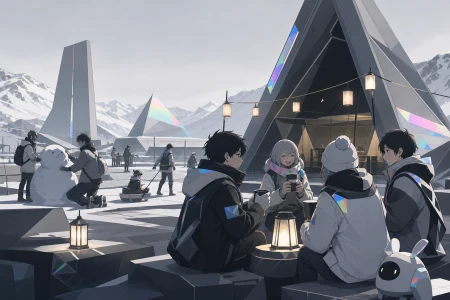 Young hikers sharing warm drinks beside a mountain shelter, during lively age-appropriate winter fun. Wide town-square ensemble with several connected winter activities. Monochrome