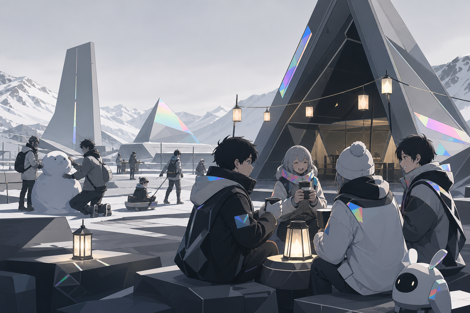 Young hikers sharing warm drinks beside a mountain shelter, during lively age-appropriate winter fun. Wide town-square ensemble with several connected winter activities. Monochrome graphite with selective holographic rai