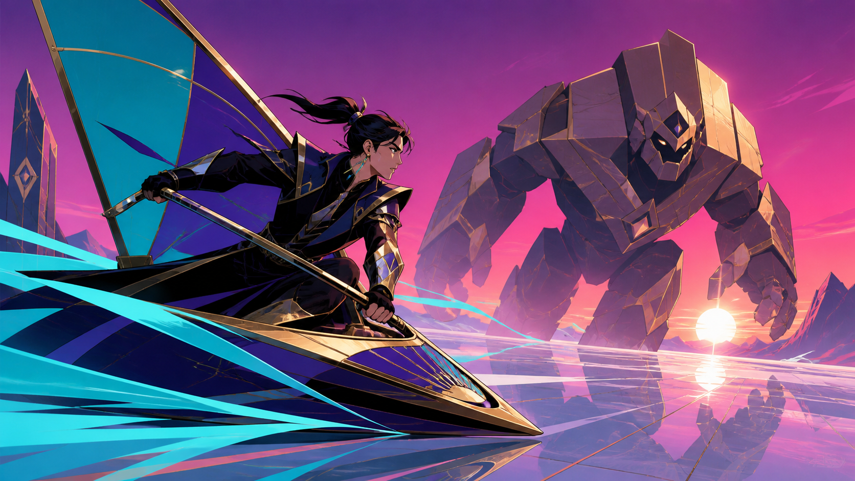 An adult wind rider racing a sand golem across an open salt plain, captured at one clear tactical turning point. Wide action frame with a single unmistakable movement direction. Saturated magenta, electric cyan, deep vio