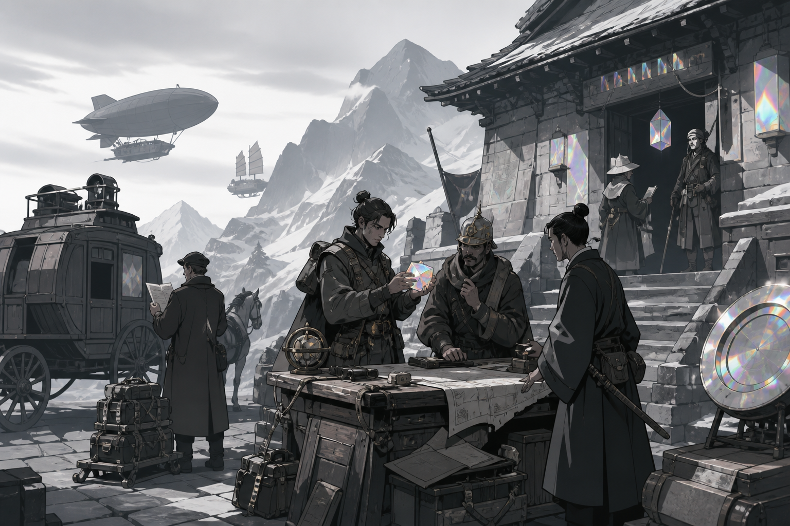 A mountain postal station serving travelers from several impossible centuries, at dawn after a discovery quietly changes their understanding of the world. Painterly historical scene centered on work, place, and atmospher