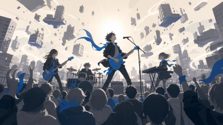 A rooftop rock band playing while the surrounding city slowly levitates, seen from within the audience as sound visibly transforms the environment. Dynamic stage-wide frame with mo