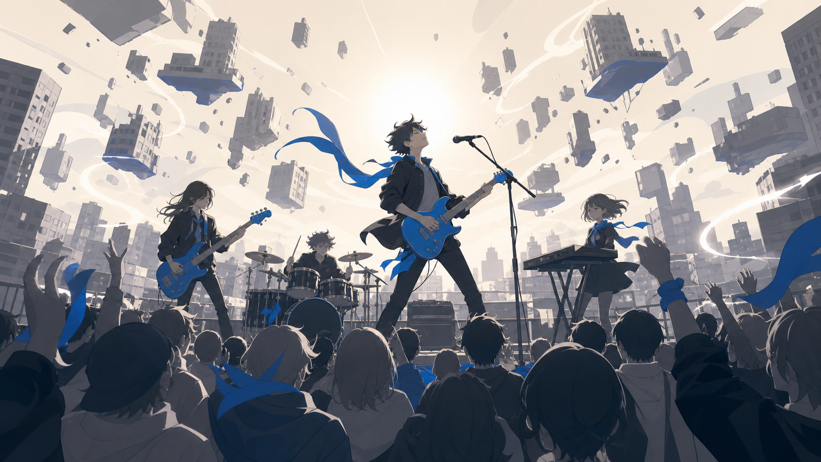 A rooftop rock band playing while the surrounding city slowly levitates, seen from within the audience as sound visibly transforms the environment. Dynamic stage-wide frame with movement radiating from the lead performer