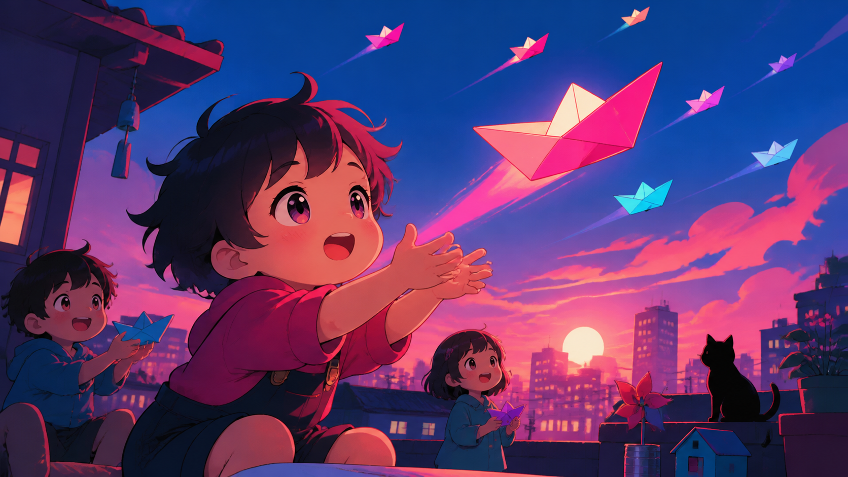 Children launching paper boats that sail upward into the evening sky, at the instant make-believe and reality overlap without danger. Intimate close view centered on one expression of awe. Saturated magenta, electric cya