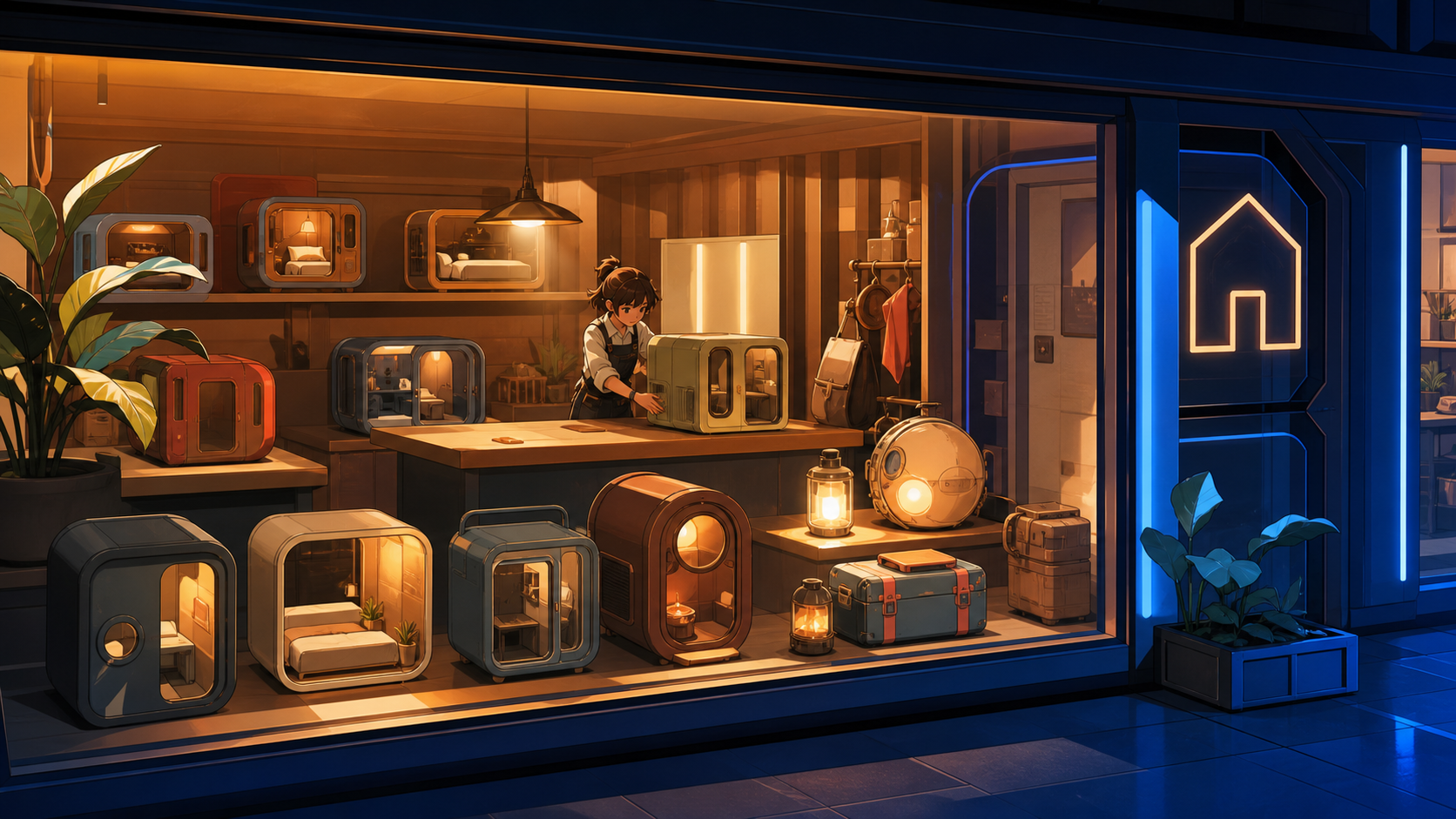 A tiny store renting portable rooms to travelers, at opening time as unusual merchandise is arranged for the day. View from outside the window into a warmly arranged interior. Amber, walnut brown, rain blue, and tiny cor