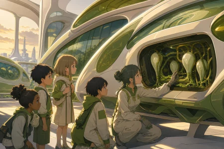 Children learning how to communicate with a neighborhood's biological transit system, during a public tour that inspires curiosity rather than fear. Close maintenance scene reveali