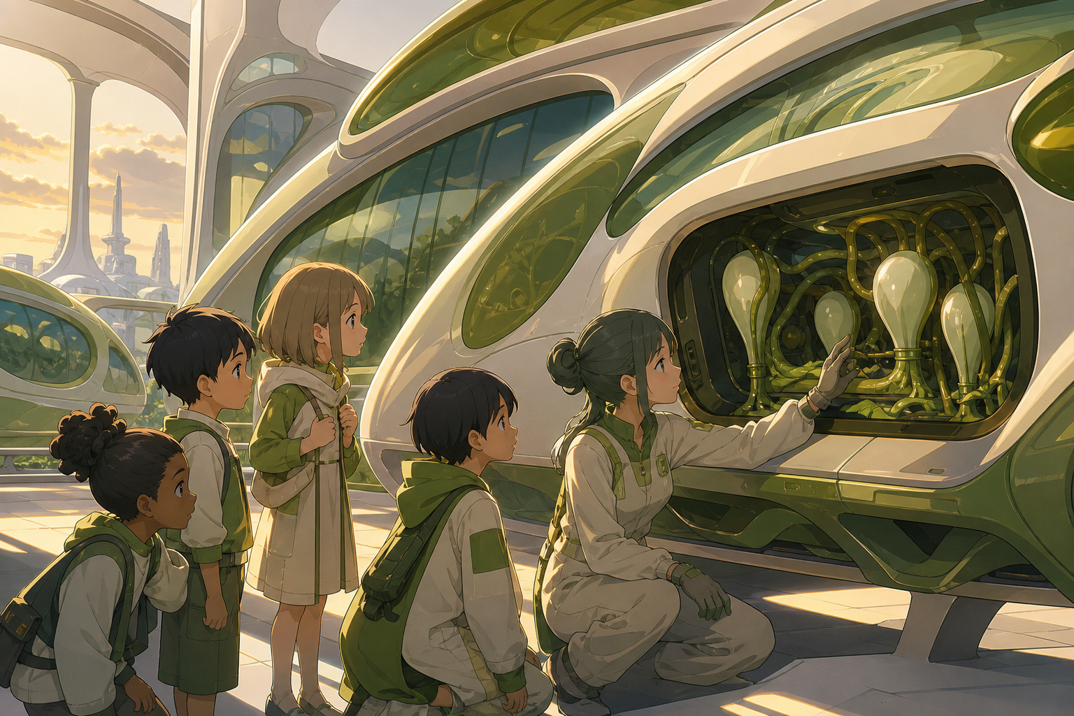 Children learning how to communicate with a neighborhood's biological transit system, during a public tour that inspires curiosity rather than fear. Close maintenance scene revealing the living system at human scale. Mos