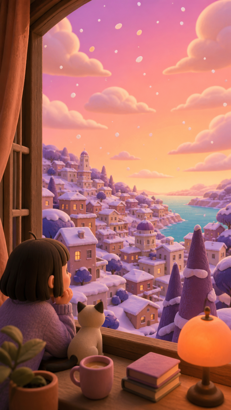 A hillside town waking beneath the first impossible pink snowfall, at the transition between two kinds of weather. Tranquil landscape panorama with a strong foreground-to-distance rhythm. Apricot, orchid purple, pool tur