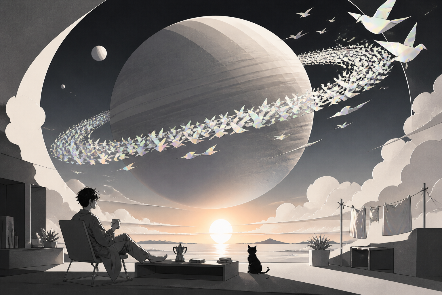 A ringed planet whose rings are made from migrating luminous birds, seen during an impossible sunrise with intimate signs of daily life. Graphic celestial composition organized around a bold circular form. Monochrome gra