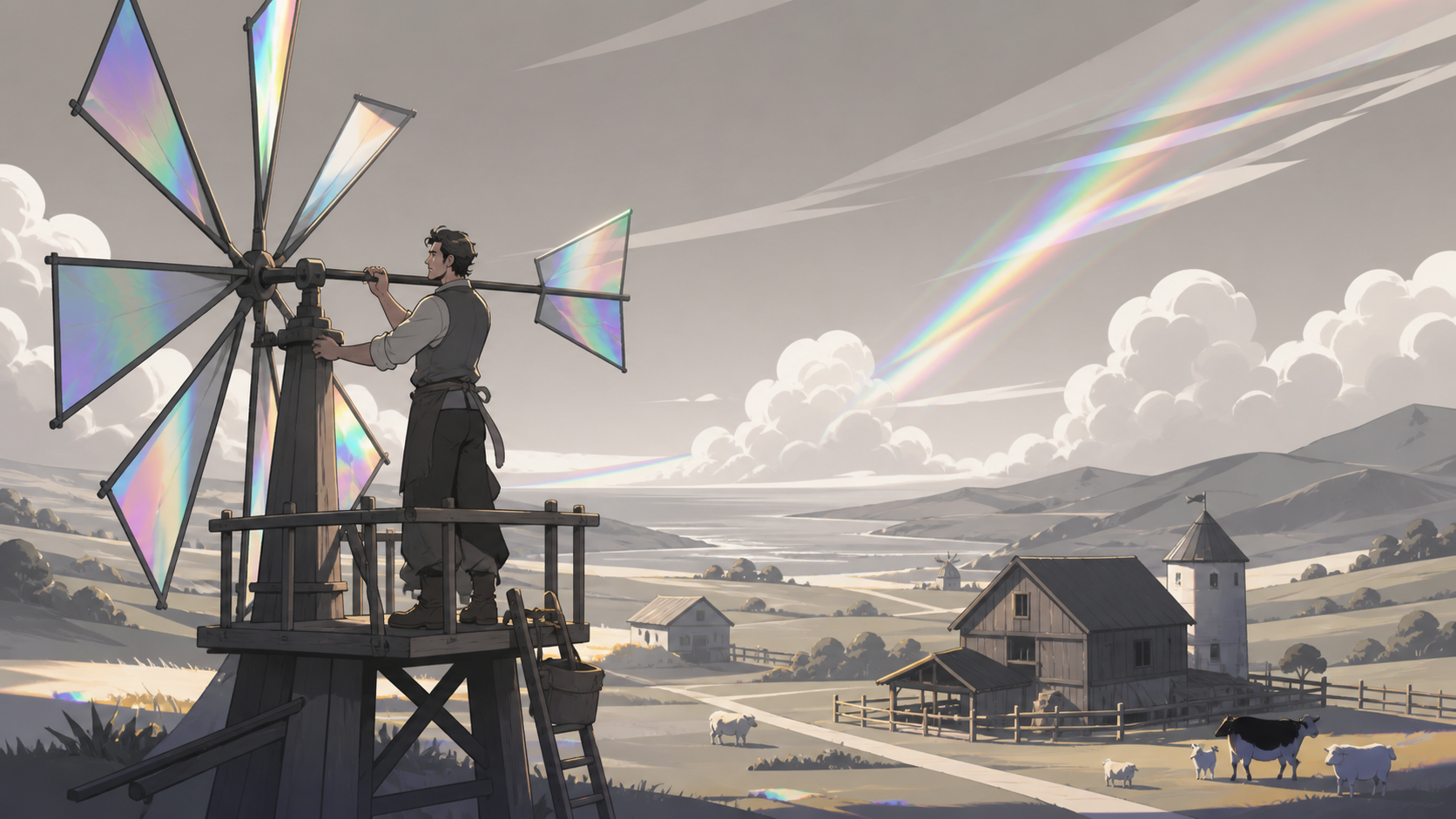 An adult miller adjusting a windmill that controls the direction of local breezes, at the start of a long day in a sparsely populated landscape. Wide pastoral scene with work activity guiding the eye across the land. Mon