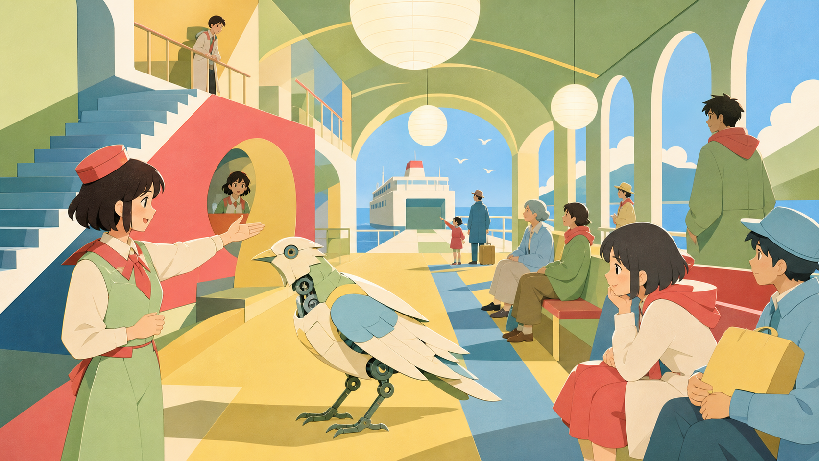 A ferry terminal employee guiding a lost mechanical bird toward the correct gate, when one shared observation changes the atmosphere among the passengers. Long interior perspective connecting several quiet passenger stor