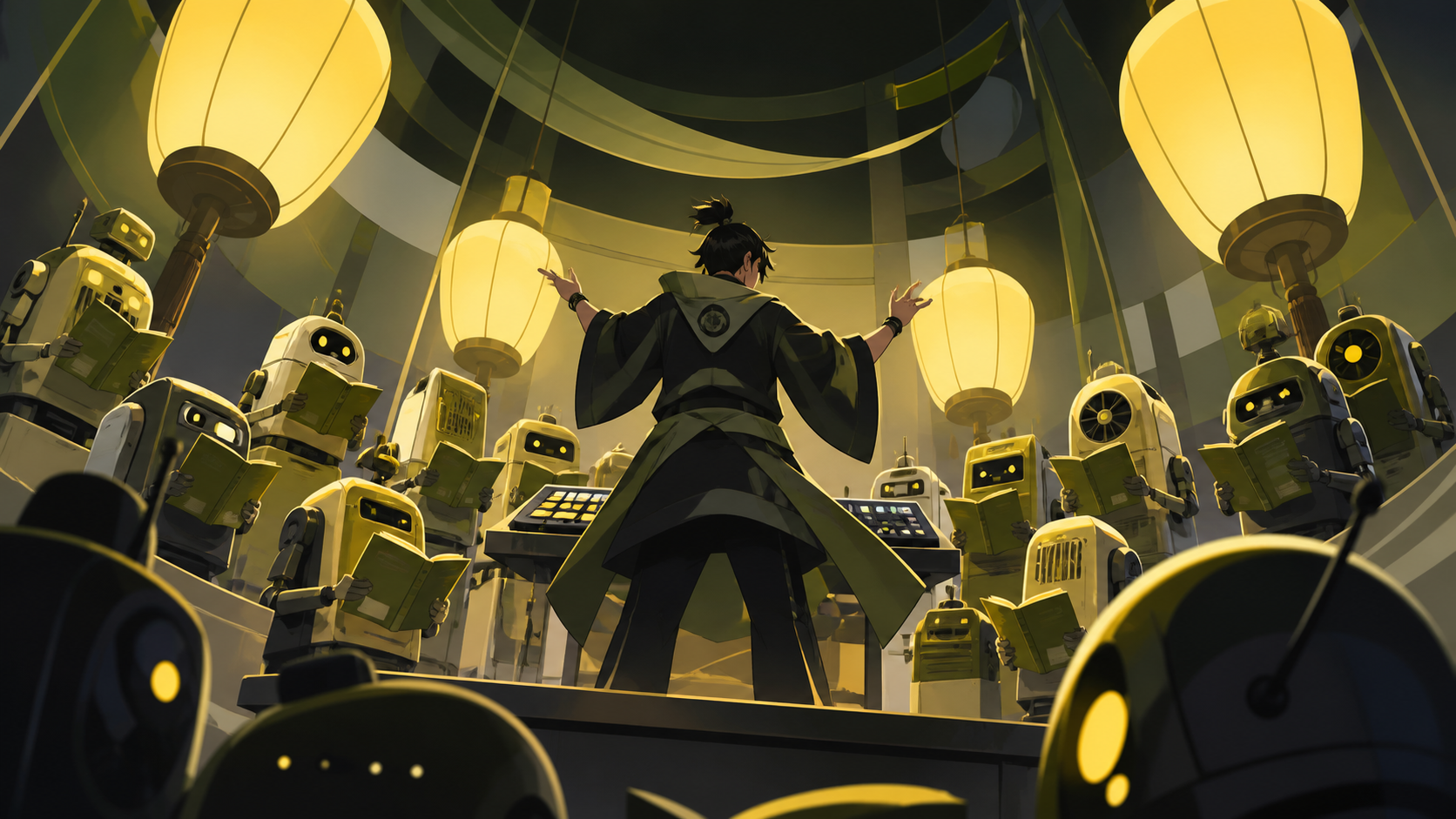 An electronic musician conducting a choir of obsolete household robots, captured at the emotional peak of the performance. Intimate low-angle concert view with dramatic foreground silhouettes. Moss green, slate gray, mus