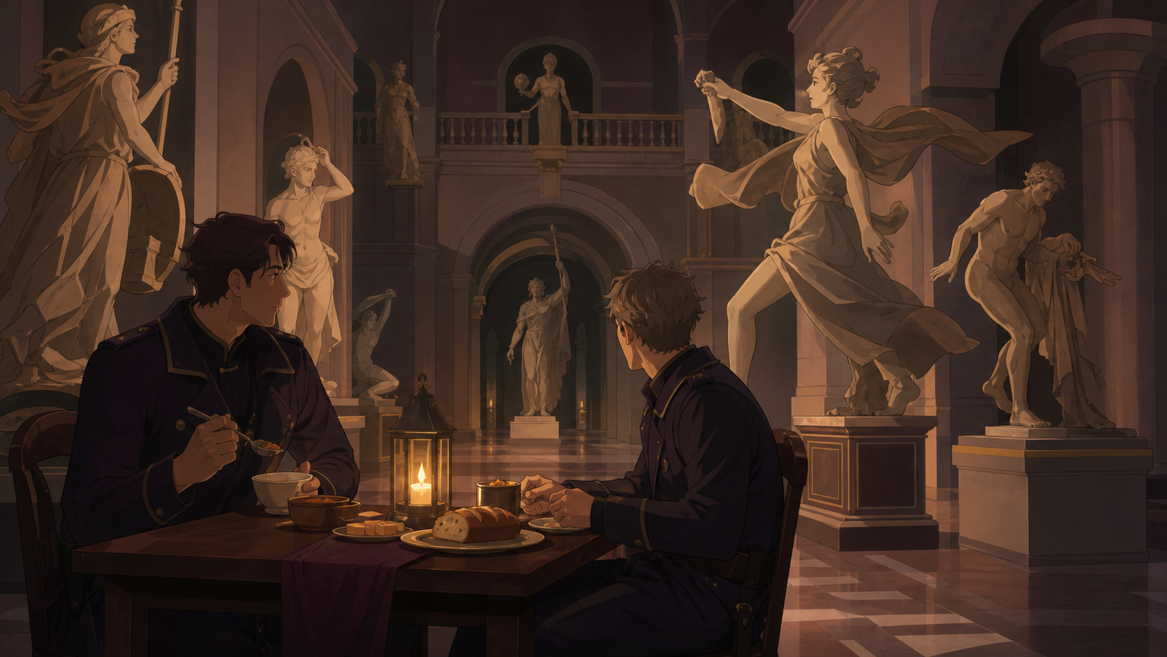 Two adult night guards eating dinner while the statues quietly change poses, seen as a place of wonder and scholarship rather than danger. Grand gallery view with one human-scale task anchoring the scene. Muted rose, par