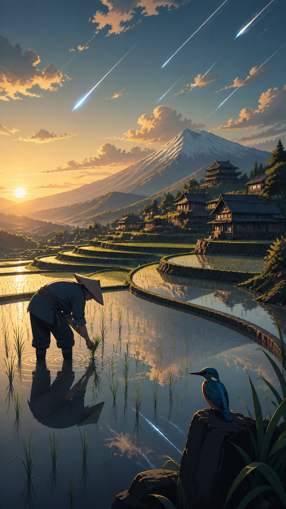 Terraced rice fields reflecting a meteor shower during planting season, shown during a fleeting natural event residents quietly anticipate each year. Tranquil landscape panorama with a strong foreground-to-distance rhyth