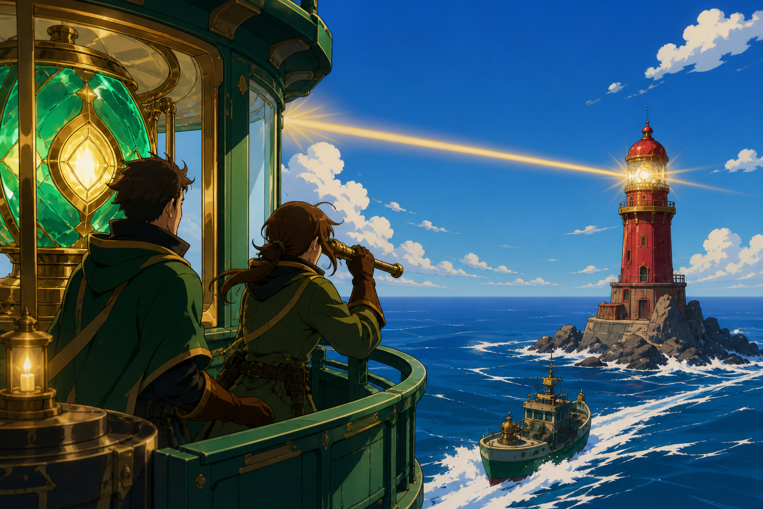 Two lighthouse keepers discovering their towers have begun exchanging signals, during a clear day when the route becomes unexpectedly unfamiliar. Wide maritime view placing vessel and destination in clear relation. Emera