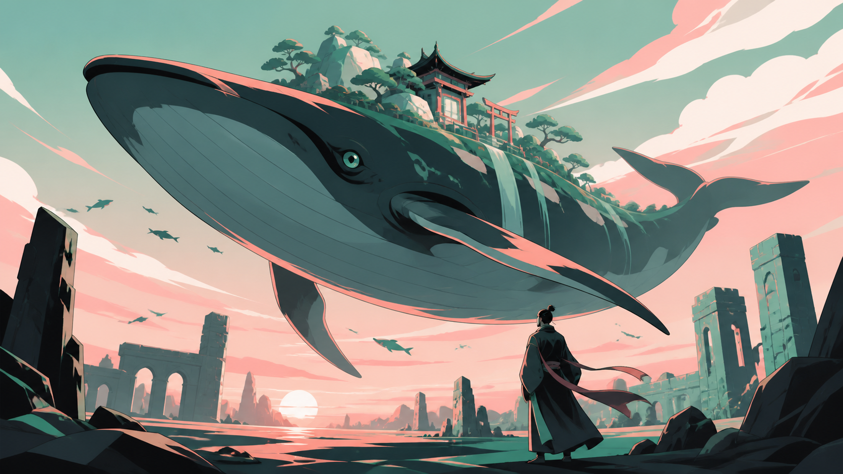 A colossal sky whale carrying a miniature shrine garden on its back, resting beside traces of an ancient civilization at dawn. Low-angle encounter framed by terrain and atmospheric depth. Celadon, coral pink, ink black, 