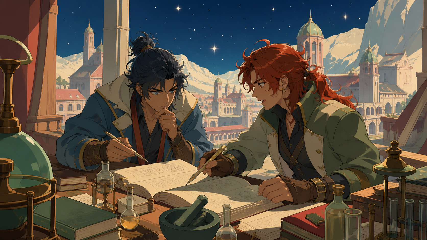 Two adult rivals sharing the last desk in an overbooked alchemy laboratory, shown through practical academic work rather than ceremonial magic. Close collaborative desk scene with the larger campus visible beyond. Clay r