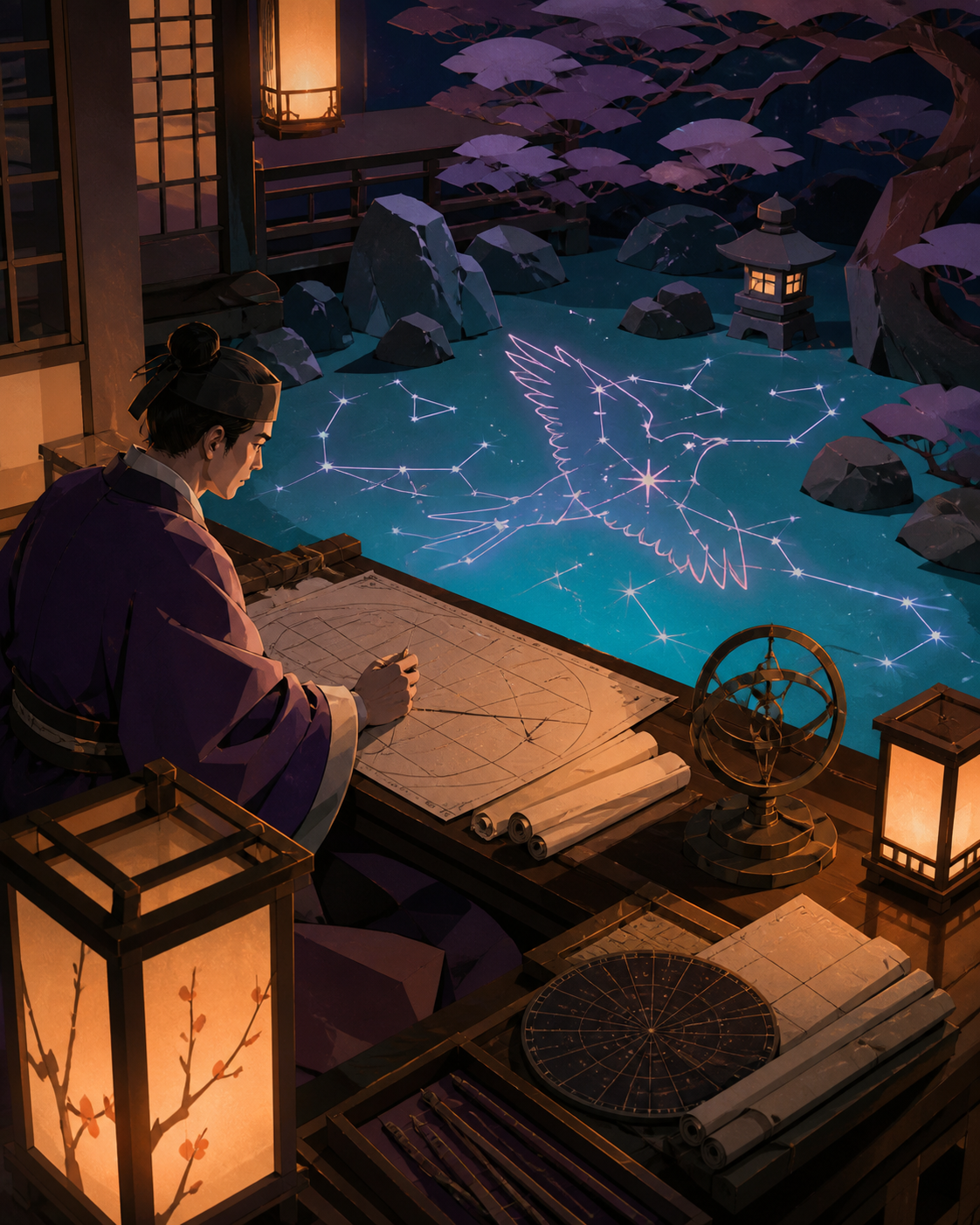 An Edo-period astronomer mapping a constellation that has descended into the garden, grounded in convincing period materials with one restrained supernatural event. Painterly historical scene centered on work, place, and